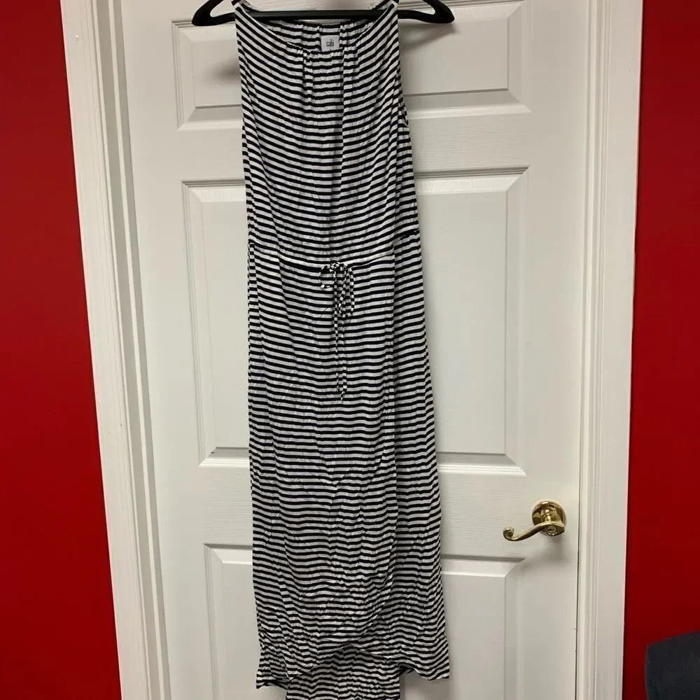 CAbi Navy & White Boat Stripe Rayon Maxi Tie Waist Dress sz L NWT